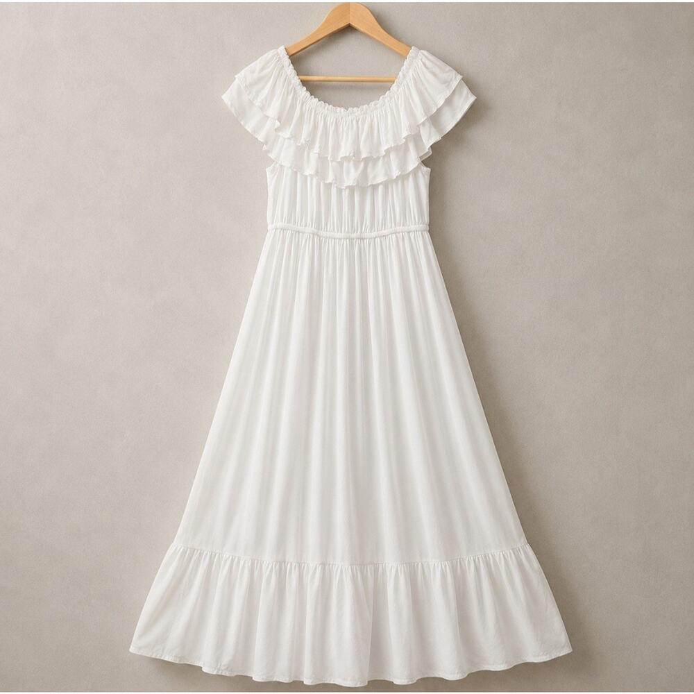 Anna-Kaci White Ruffle Maxi Dress L Off Shoulder Boho Coastal Vacation Feminine - Picture 3 of 14